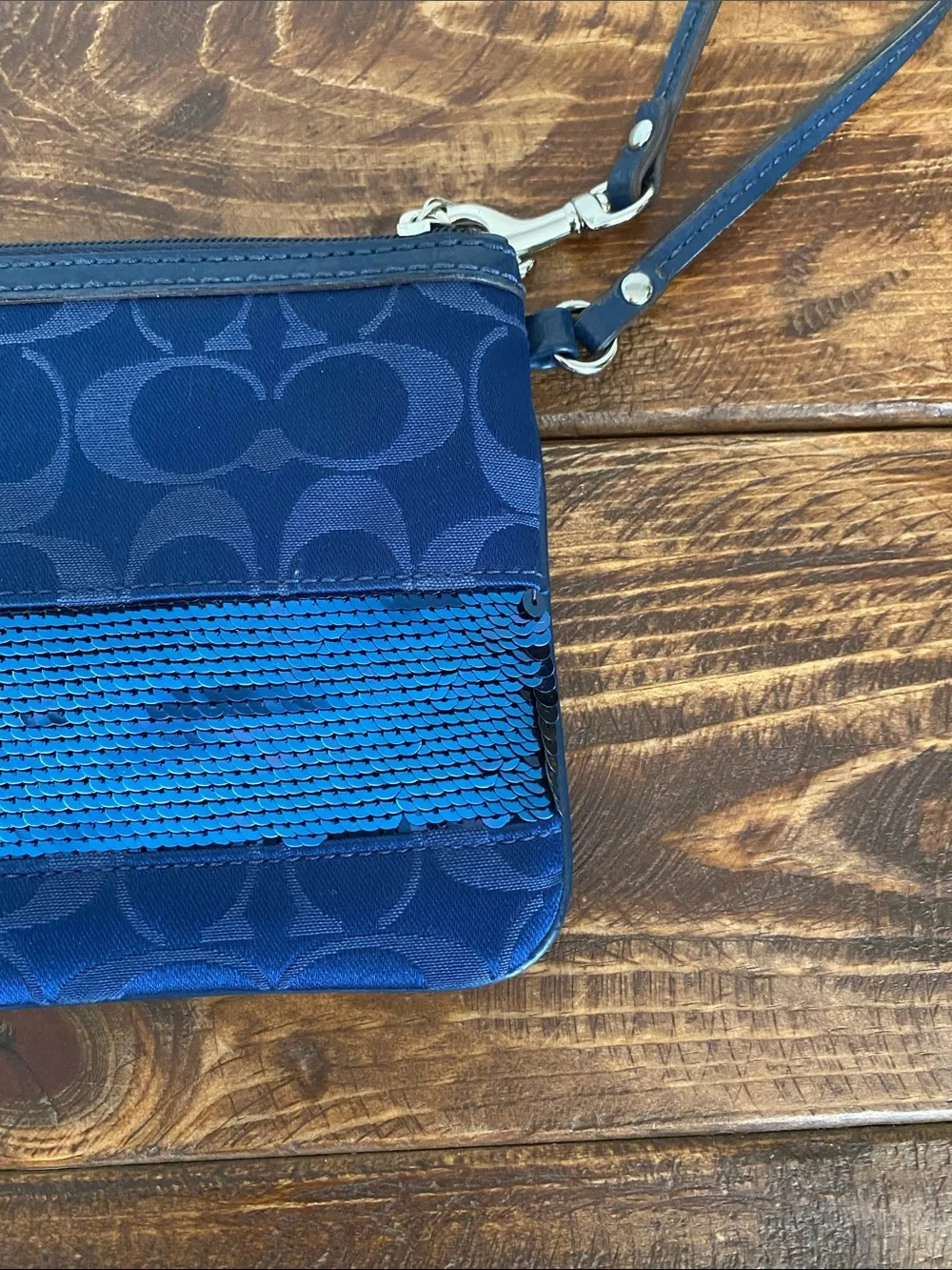 Coach Blue Sequin Stripe Wristlet Clutch